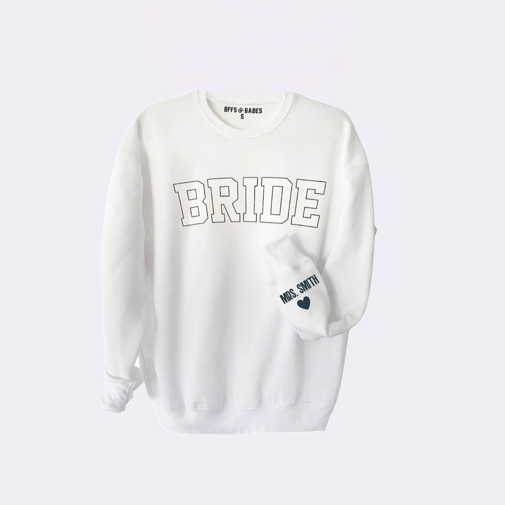 LOVE ON THE CUFF ♡ white bride sweatshirt with personalized cuff